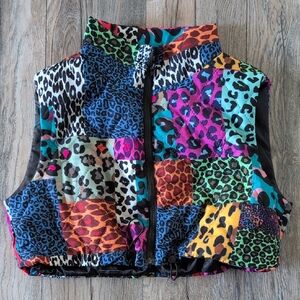 VERDUSA Color Block Cropped Vest Leopard Patchwork Plaid Zip Up Size Large